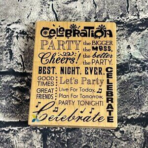 MOMENTA Large PARTY Wood Rubber Stamp 10 Phrases Celebrate Cheers Celebration